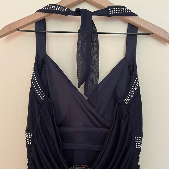 Vintage 90s Trixxi Halter Neck Ruched Midi Prom Dress Black Silver Rhinestone XL - Picture 6 of 7